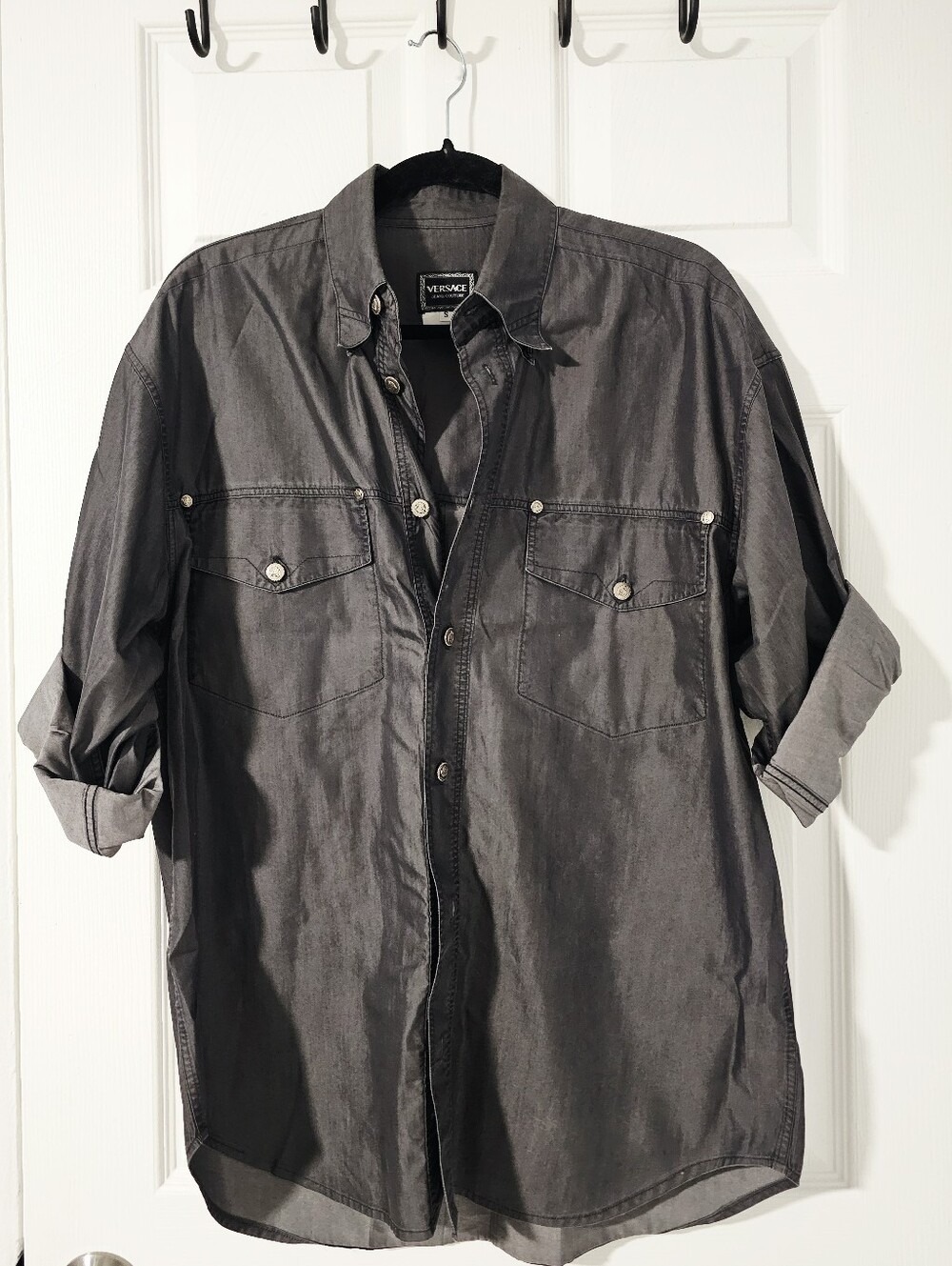 Vintage 90s Versace Jeans Couture Studded Utility Shirt Gray Black Cotton